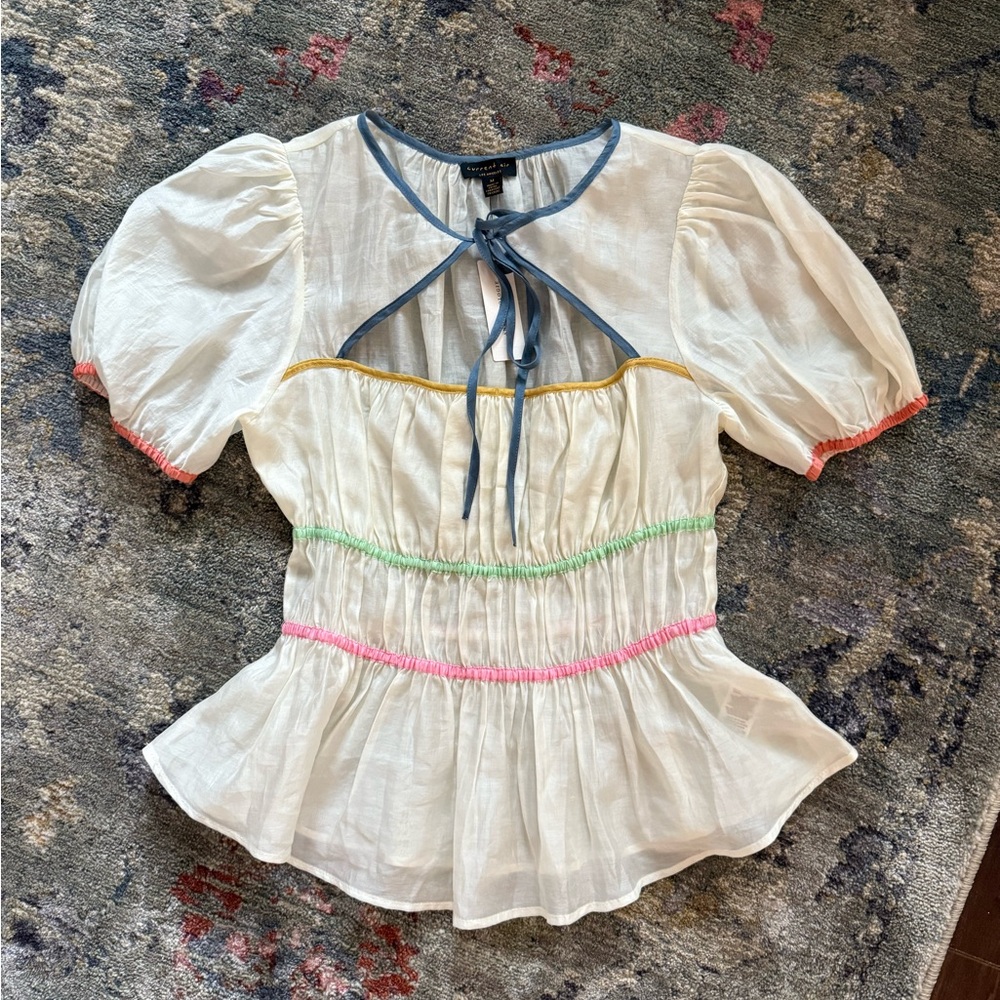 Anthropologie Cream Blouse with Multicolor Trim